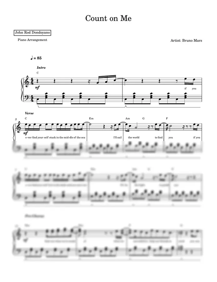 Bruno Mars - Count on Me (PIANO SHEET)