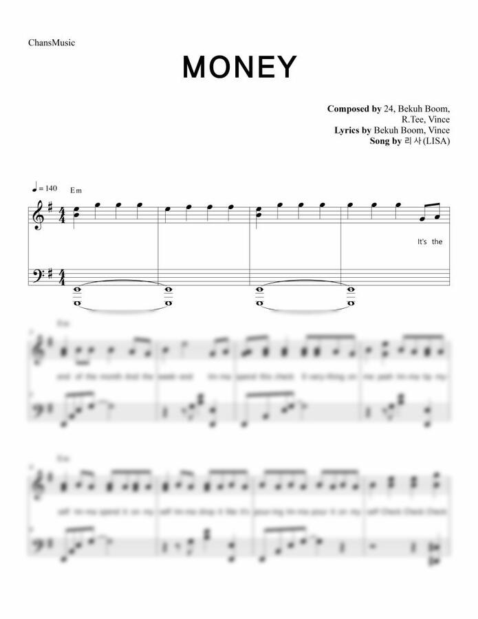 악보 > 리사 (LISA) MONEY (코드, 가사 포함) by 찬스뮤직