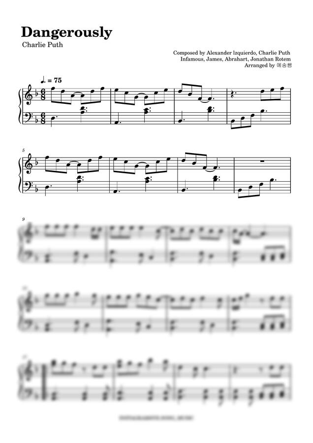 Charlie Puth - Dangerously (원키쉬운악보) by 예송쌤0