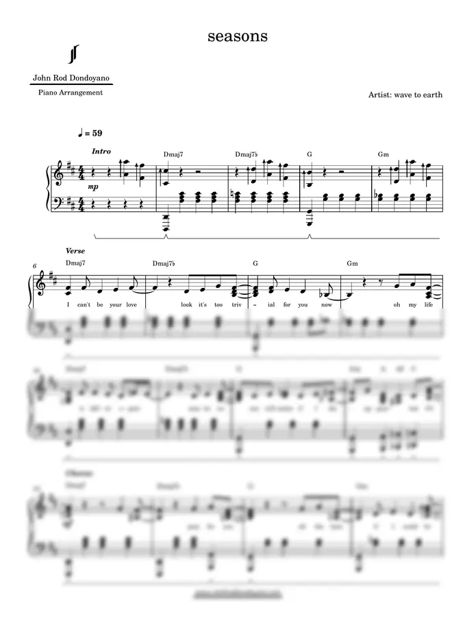 wave to earth - seasons (PIANO SHEET)