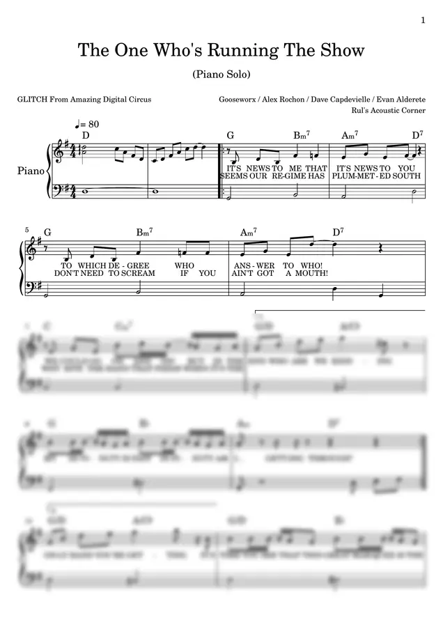 The Amazing Digital Circus - The One Who's Running The Show (I made for the Instrumental Piano Solo ver. Notes Sheet Music)