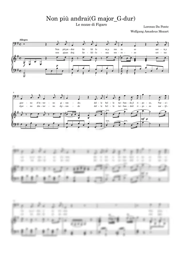Wolfgang Amadeus Mozart - Non più andrai, farfallone amoroso [with accompaniment MP3]   G major_G-dur  You Shall Go No More, Amorous Butterfly