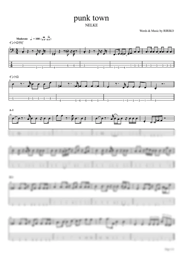 NELKE - punk town (4-String Bass Ver.)【Bass TAB / perfectly copy】