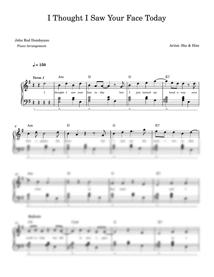 She & Him - I Thought I Saw Your Face Today (PIANO SHEET)