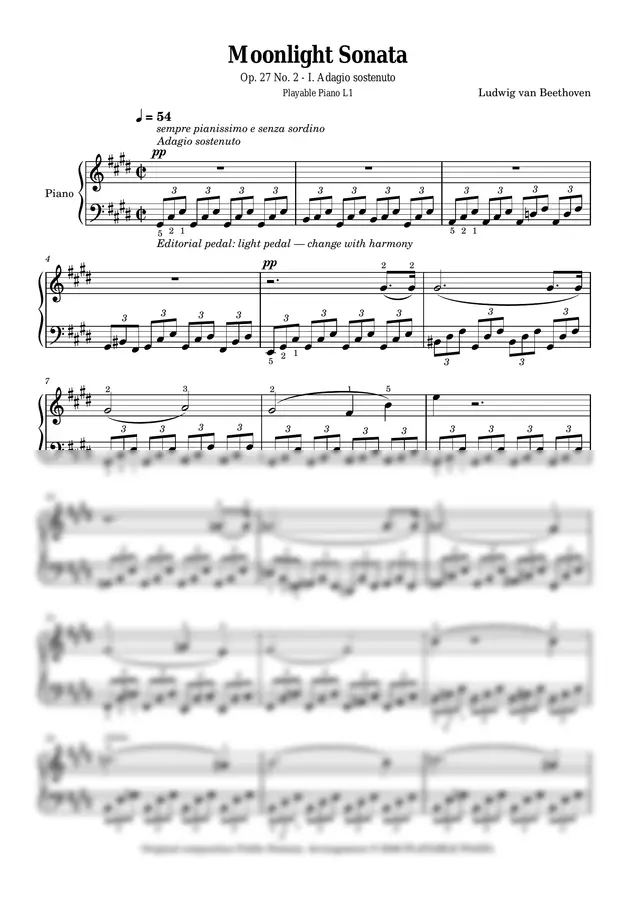 베토벤 - 월광 소나타 Op. 27 No. 2, 1악장 (작은 손을 위한 Playable Piano L1)