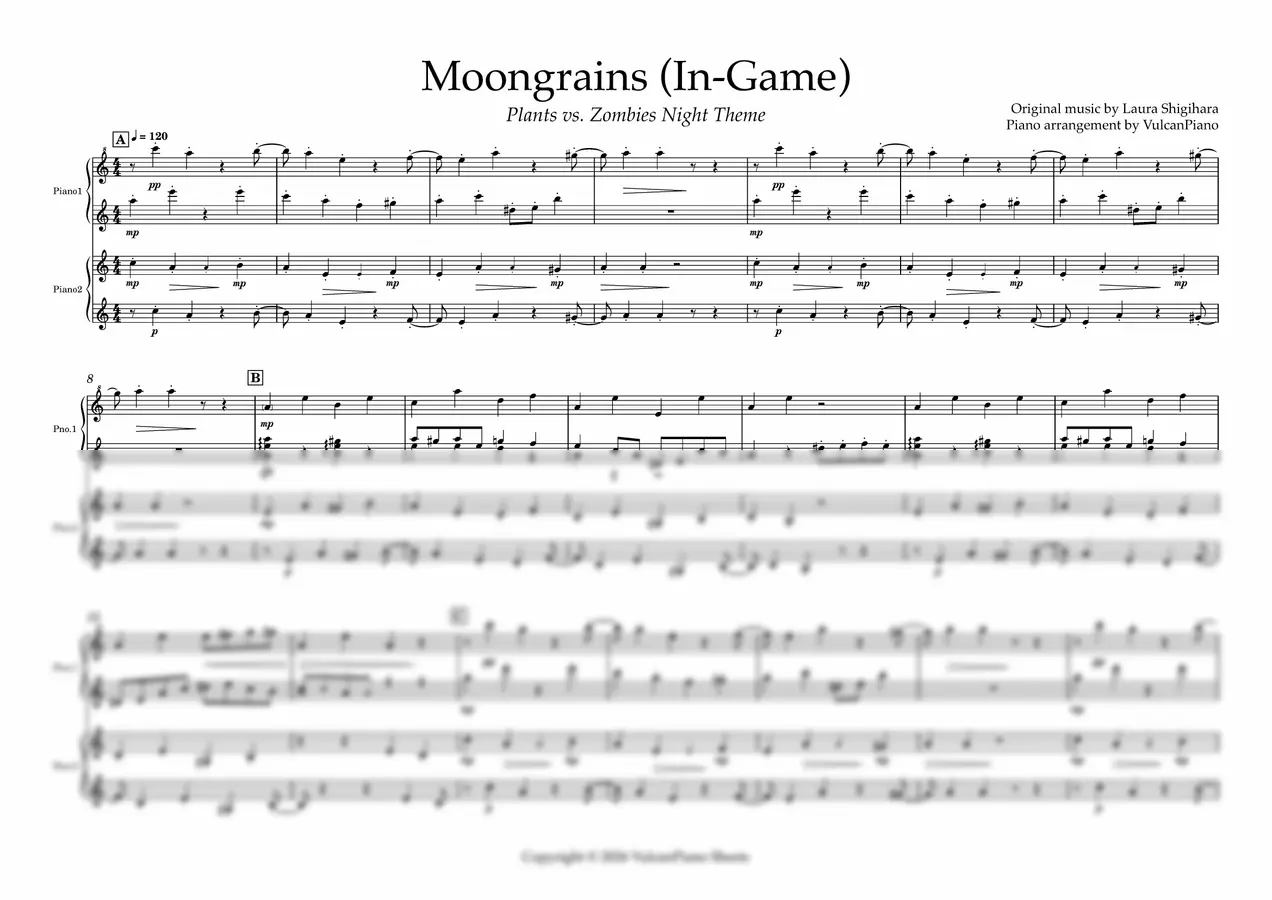 植物大战僵尸 - 【四手联弹】Moongrains(In-Game)植物大战僵尸夜晚BGM(Bilibili:VulcanPiano)