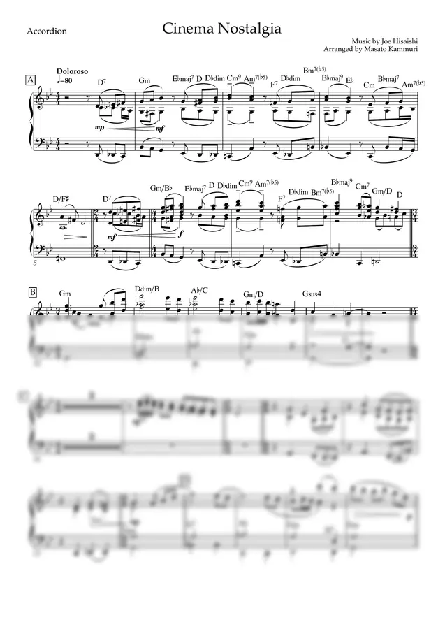 Music by Joe Hisaishi Arranged by Masato Kammuri - Cinema Nostalgia ((Accordion part score))