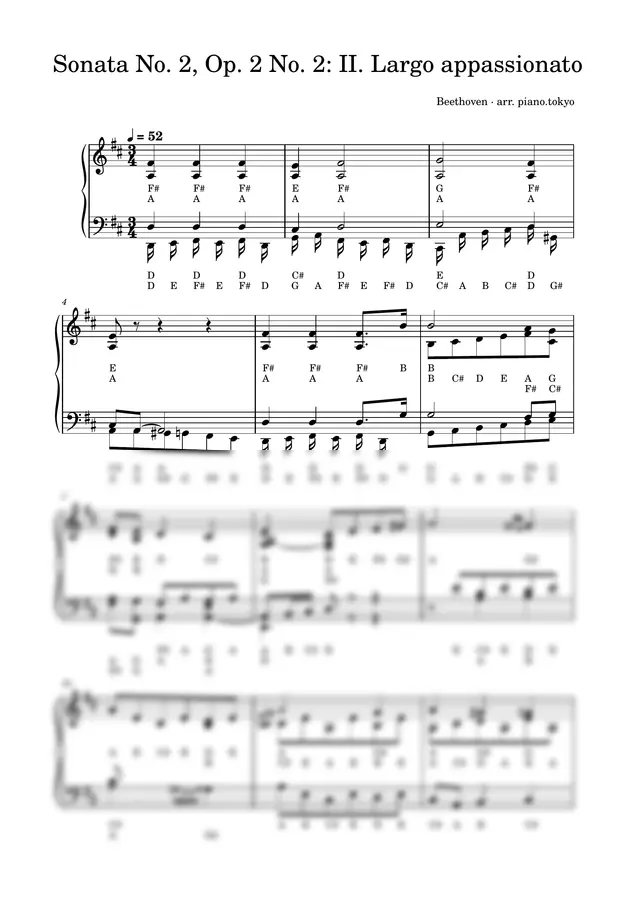 Beethoven - Sonata No. 2, Op. 2 No. 2: II. Largo appassionato (Easy Piano with Letter Notes (C-D-E))