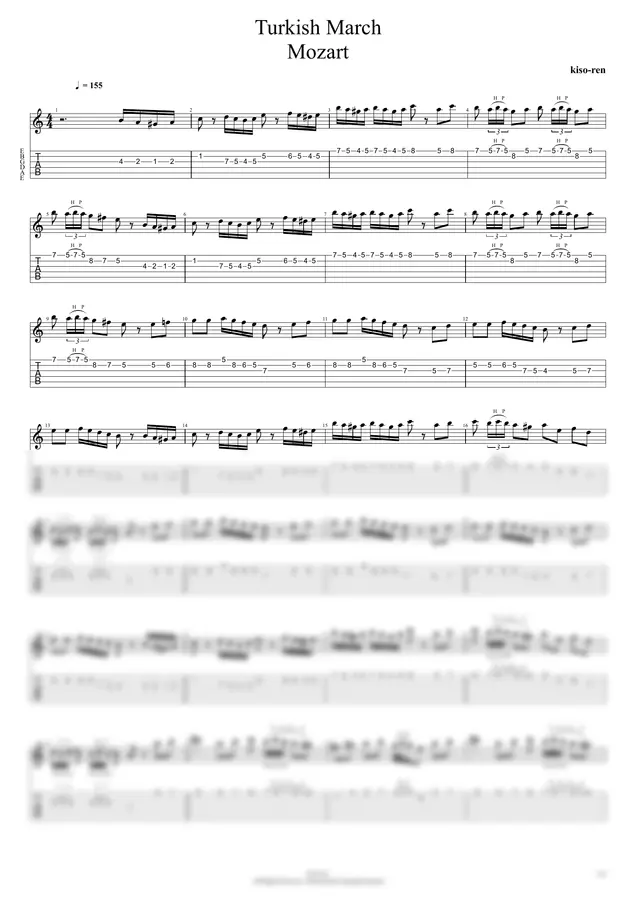 Mozart - Turkish March Guitar TAB - Mozart - Rondo Alla Turca Electric Guitar Piano Sonata No. 11 K. 331 トルコ行進曲 - モーツァルト ギターピッキング基礎練習【Gu (TAB PDF & Guitar Pro files.(gpX))