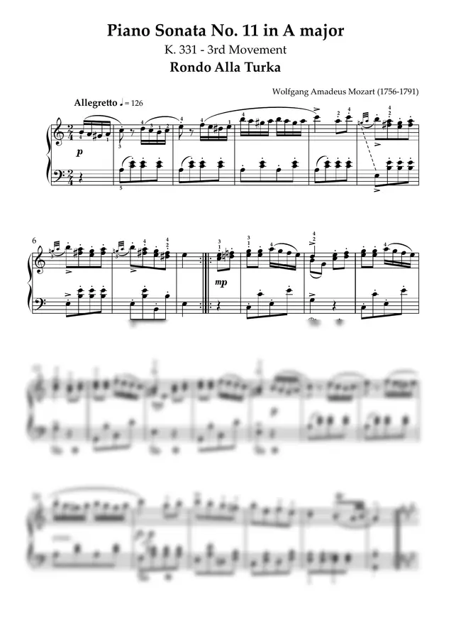 Wolfgang Amadeus Mozart - Piano Sonata No. 11 in A major K. 331 - 3rd Movement Rondo Alla Turka