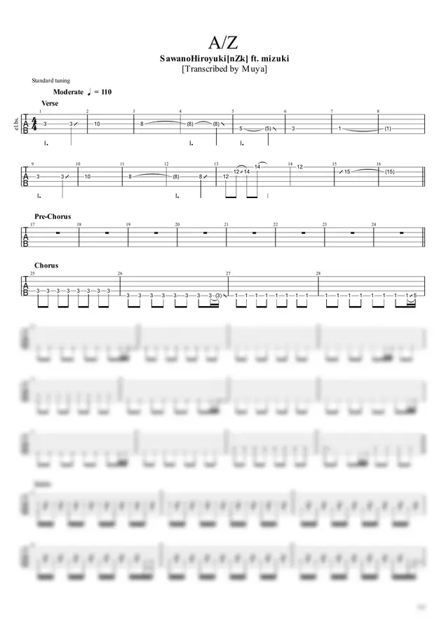 SawanoHiroyuki[nZk] - A/Z (Bass TAB) by Muya 1p 미리보기