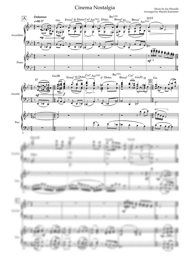 Music by Joe Hisaishi Arranged by Masato Kammuri - Cinema Nostalgia ((full score of Piano and Accordion))