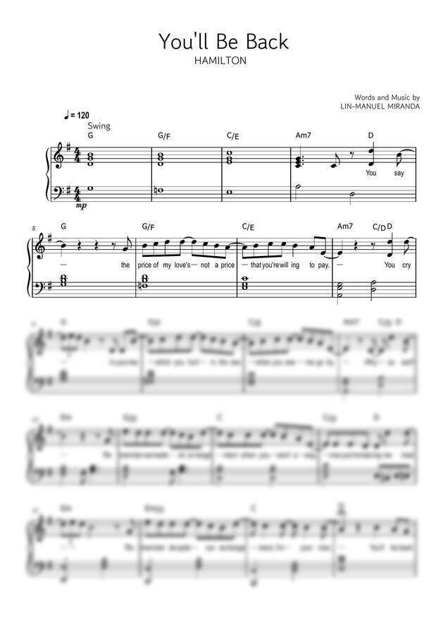 악보 > HAMILTON해밀턴 - You'll Be Back