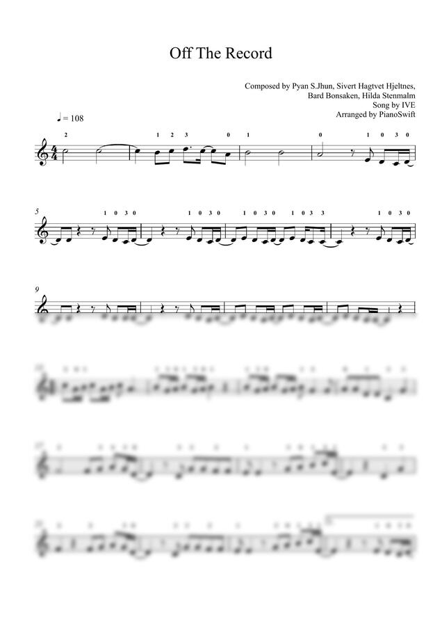 악보 > IVE(아이브) Off The Record 쉬운키 바이올린 악보 (손가락번호 표기) by 피아노스위프트