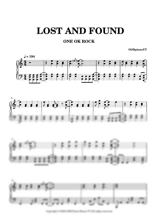 LOST AND FOUND - ONE OK ROCK (OOR Piano YT)