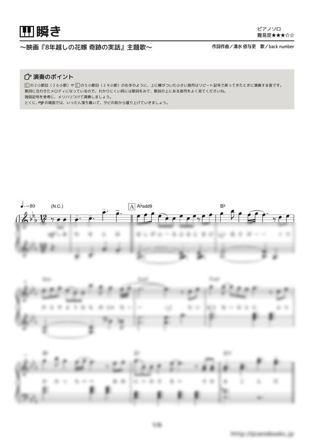 back number - 瞬き (깜빡임) by PianoBooks 1p 미리보기
