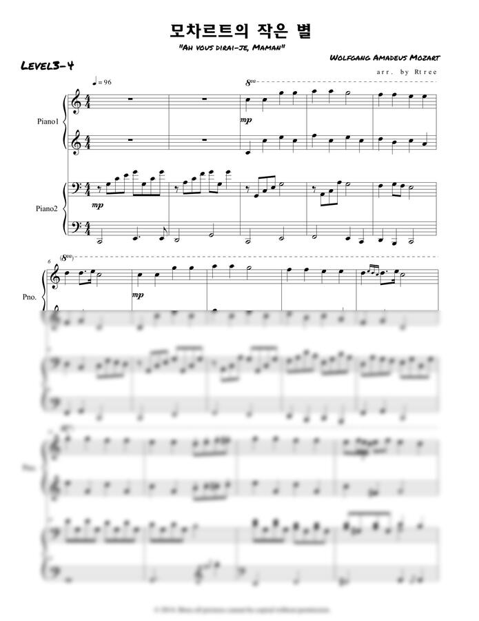 W.A.Mozart (모차르트) - 작은 별 변주곡 (4 hands) (손가락번호 있음)