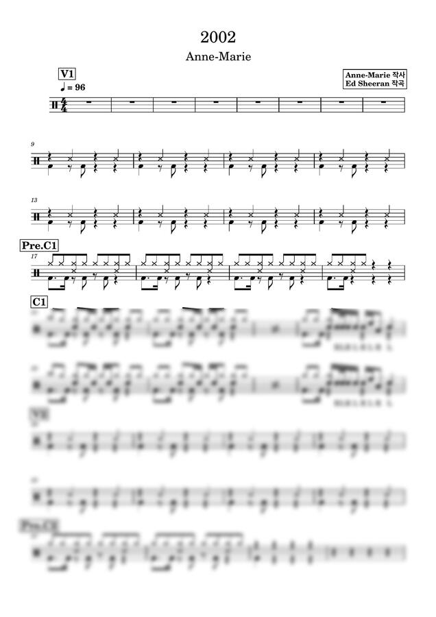 Anne Marie - 2002 (드럼악보) by Drummer KWI0