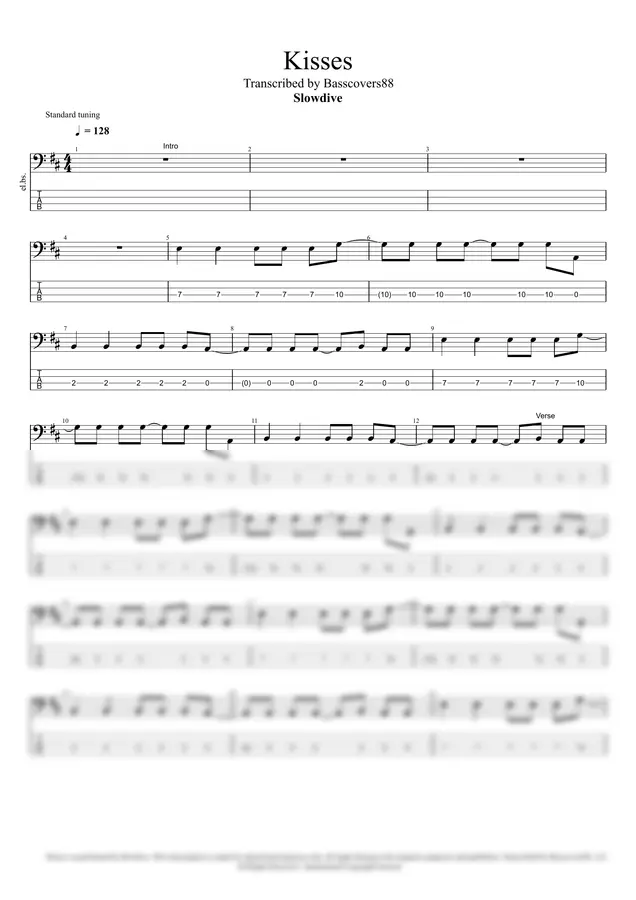 Slowdive - Kisses (Bass TAB Pack · PDF + GP + MIDI + MP3)