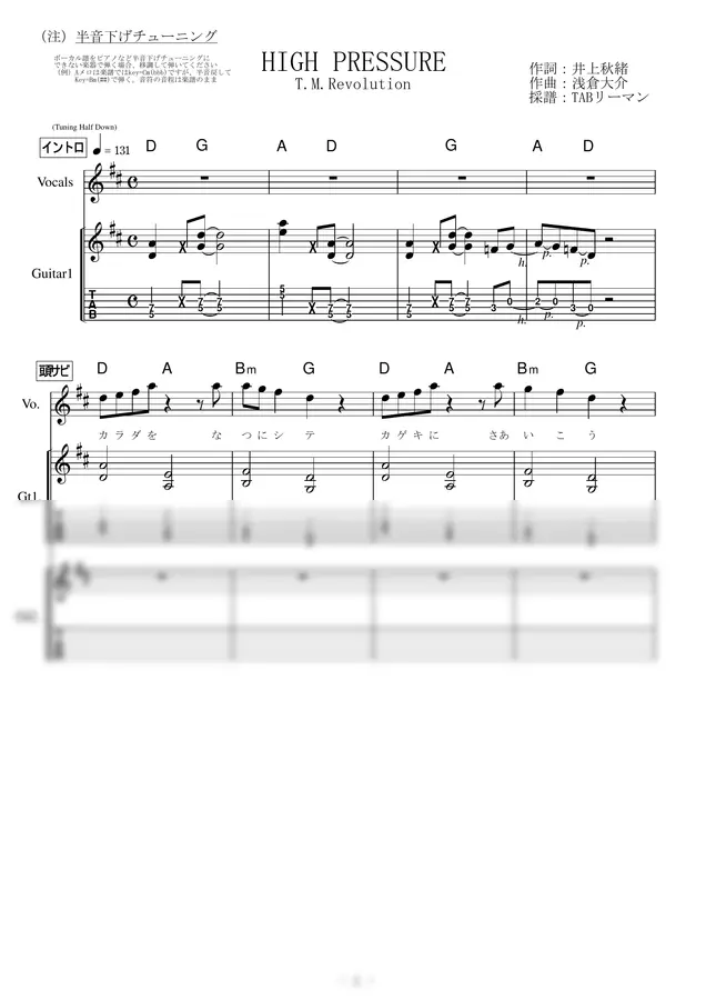 T.M.Revolution - HIGH PRESSURE (ギター(TAB譜 2パート)+メロディ譜(歌詞&コード付))