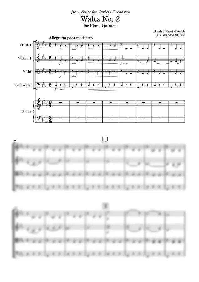 D. Shostakovich - Jazz Suite:Waltz No.2 (鋼琴五重奏樂譜(弦樂四重奏版,請參照另一版本))