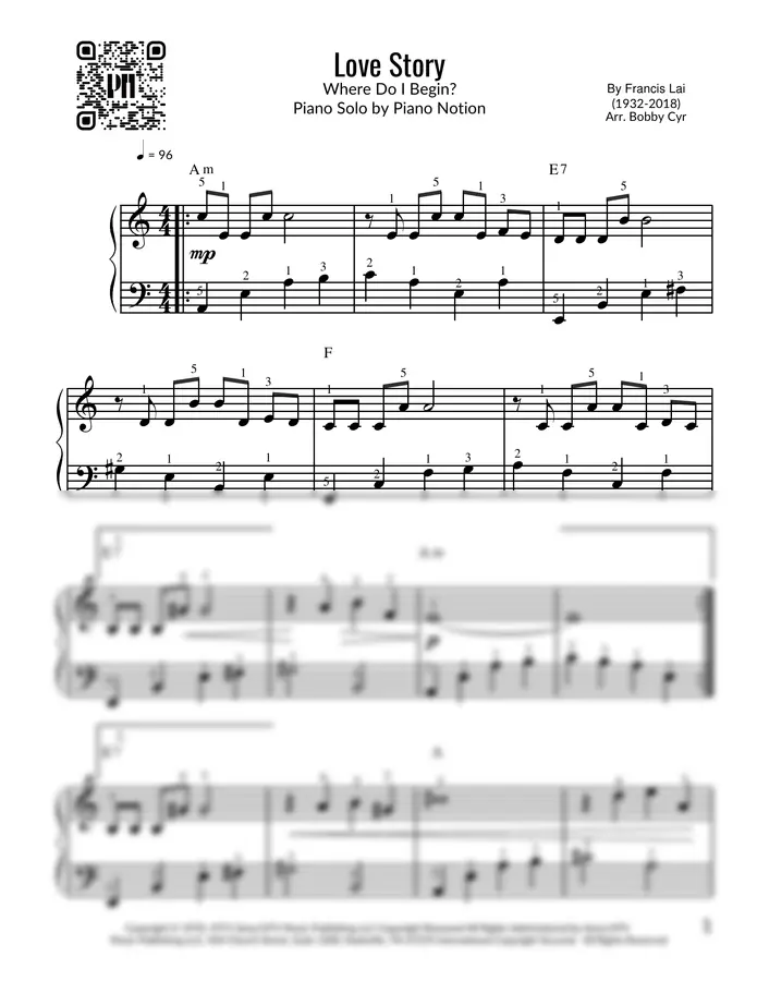 Francis Lai - Love Story - Where Do I Begin? (Easy Piano)