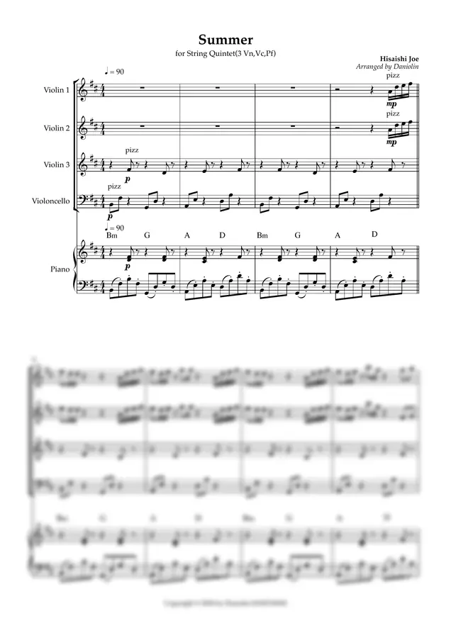 히사이시 조 - Summer (For String Ensemble(3Vn,Vc,Pf)) by Daniolin 1p 미리보기