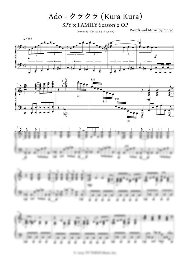 악보 > 스파이패밀리 OST クラクラ (Kura Kura, 어질어질) (2기 OP) by THIS IS PIANO