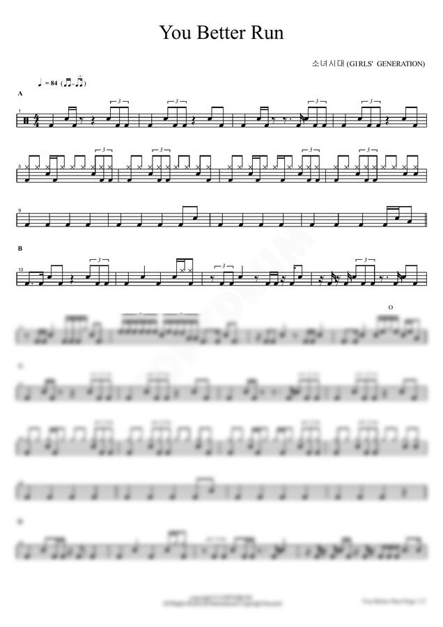 악보 > 소녀시대 (GIRLS' GENERATION) You Better Run by 카피드럼