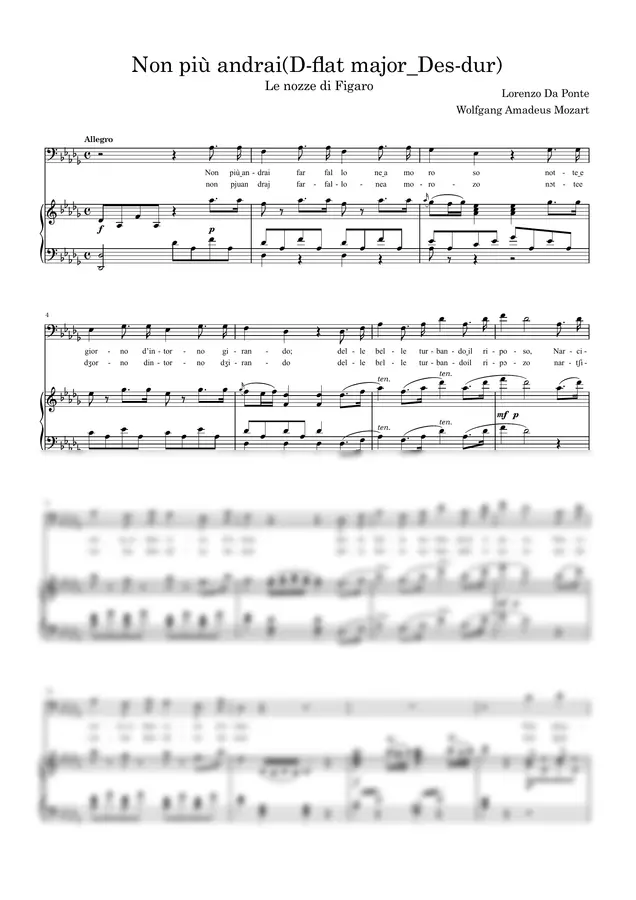 Wolfgang Amadeus Mozart - Non più andrai, farfallone amoroso [with accompaniment MP3]   D-flat major_Des-dur  You Shall Go No More, Amorous Butterfly by cogito 1p 미리보기
