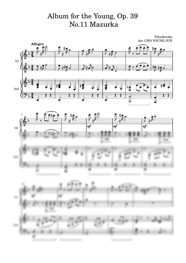 Tchaikovsky - Tchaikovsky Album for the Young, Op. 39 No.11 Mazurka (1PIano4Hands, 피아노 포핸즈)