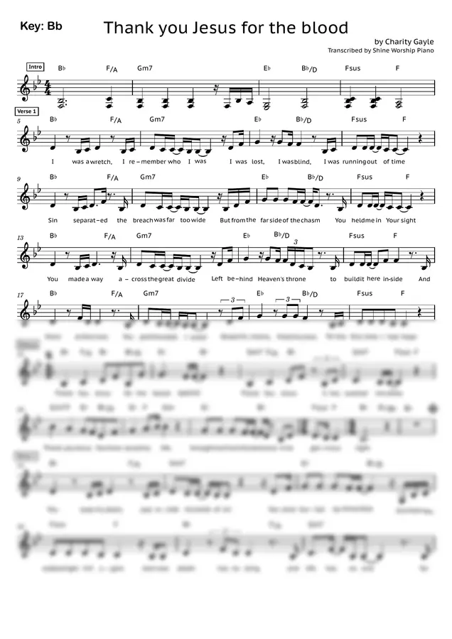 Charity Gayle, Ryan Kennedy, Steven Musso, David Gentiles, Bryan - Thank You Jesus for the Blood by Shine Worship Piano 1p 미리보기