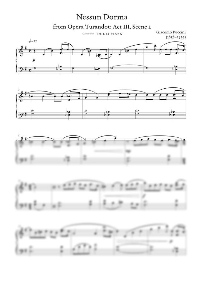 G. Puccini (푸치니) - Nessun Dorma (공주는 잠 못 이루고) (오페라 투란도트, 쉬운 악보) by THIS IS PIANO0
