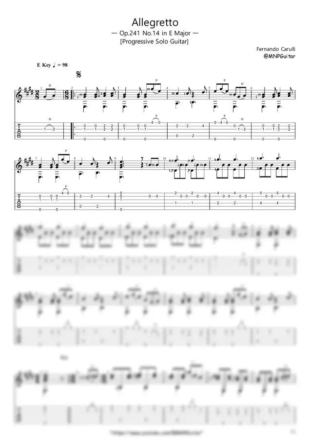 Fernando Carulli - Allegretto(Op.241 No.14, in E Major) (+) by 624 TABs 1p 미리보기