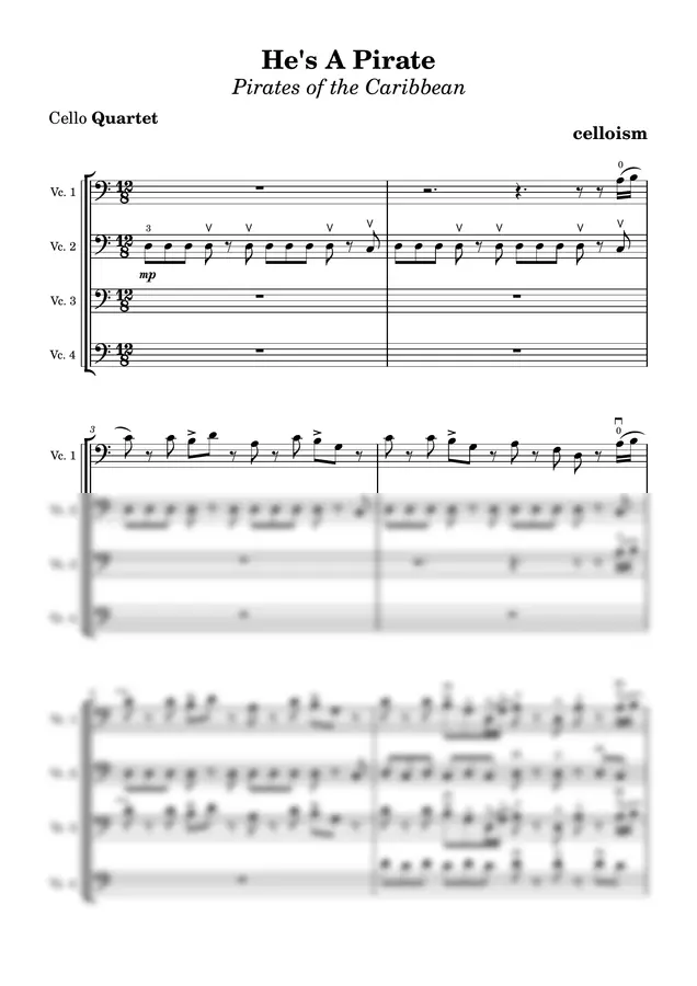 He's a Pirate - Pirates of the Caribbean 캐리비안의 해적OST - 첼로4중주 Cello Quartet (Cellosim Edition) by celloism 1p 미리보기