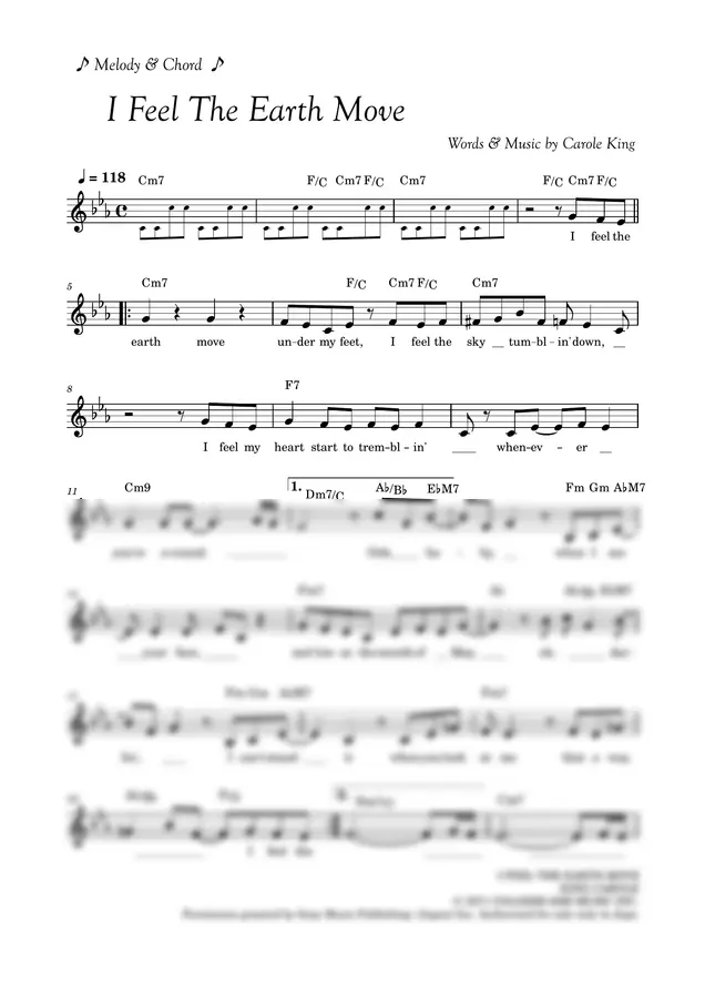Carole King - I Feel The Earth Move (歌詞コード付メロディ譜)