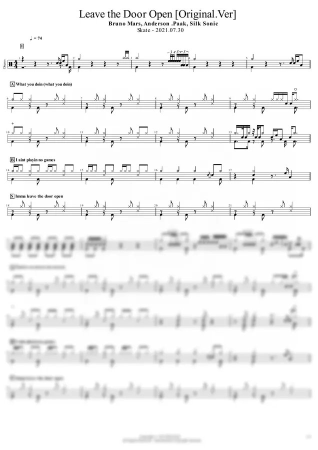Bruno Mars, Anderson .Paak, Silk Sonic - Leave the Door Open (원곡.Ver]) by JND DRUM 1p 미리보기