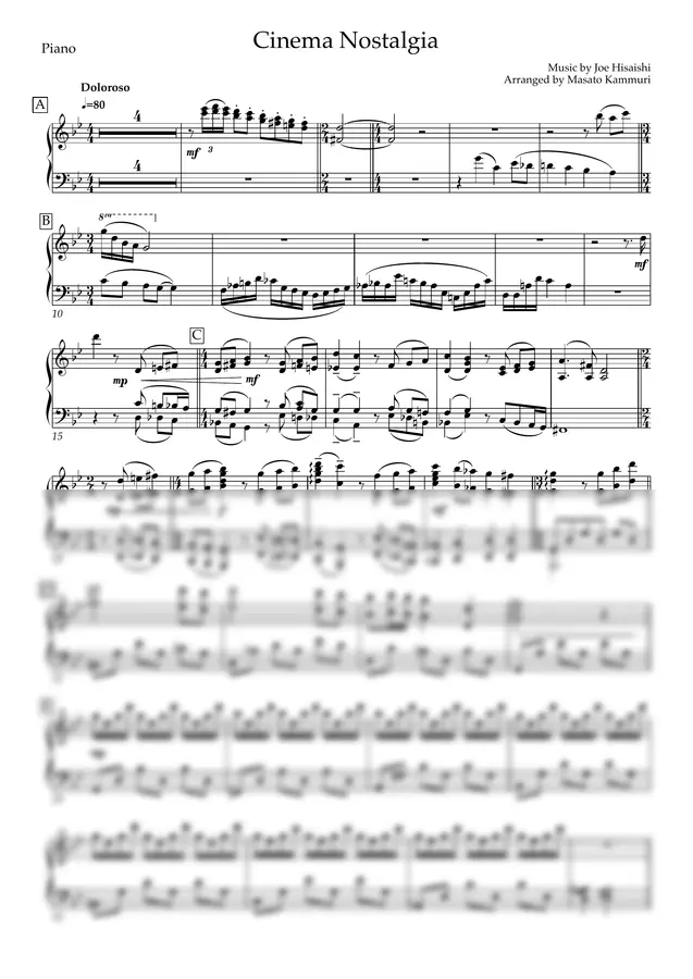Music by Joe Hisaishi Arranged by Masato Kammuri - Cinema Nostalgia ((Piano part score))