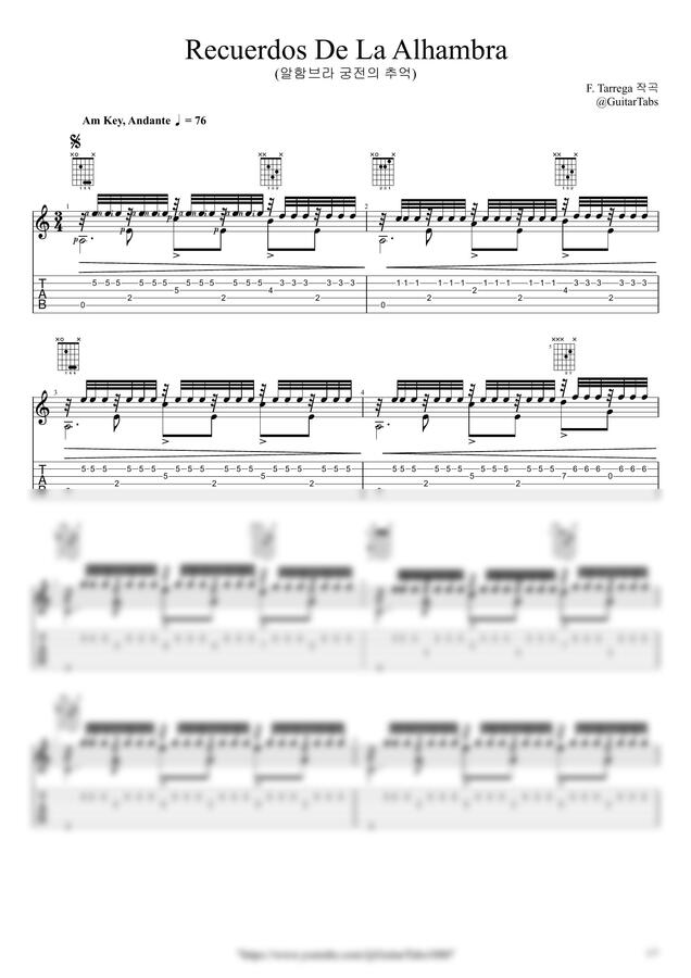 F. Tarrega - Recuerdos De La Alhambra(알함브라 궁전의 추억) by GuitarTabs0