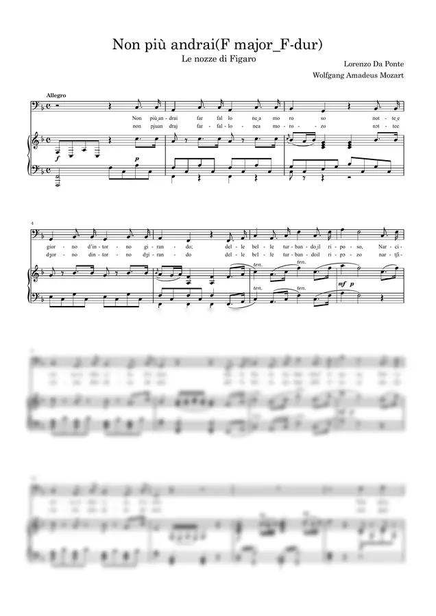 Wolfgang Amadeus Mozart - Non più andrai, farfallone amoroso [with accompaniment MP3]   F major_F-dur  You Shall Go No More, Amorous Butterfly