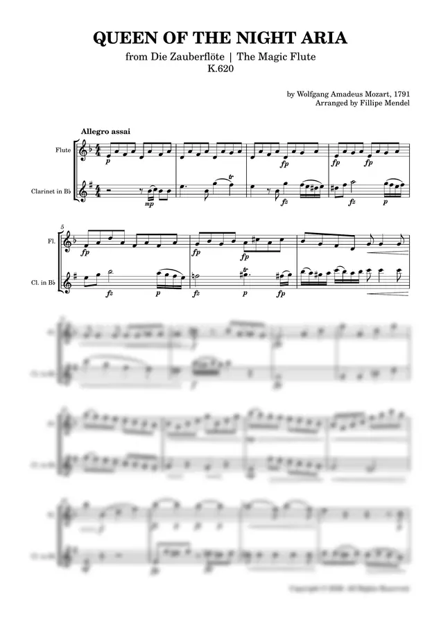 by Wolfgang Amadeus Mozart, 1791 Arranged by Fillipe Mendel - QUEEN OF THE NIGHT ARIA