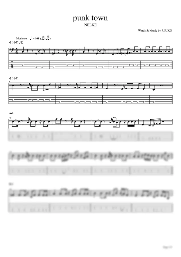 NELKE - punk town (5-String Bass Ver.)【Bass TAB / perfectly copy】