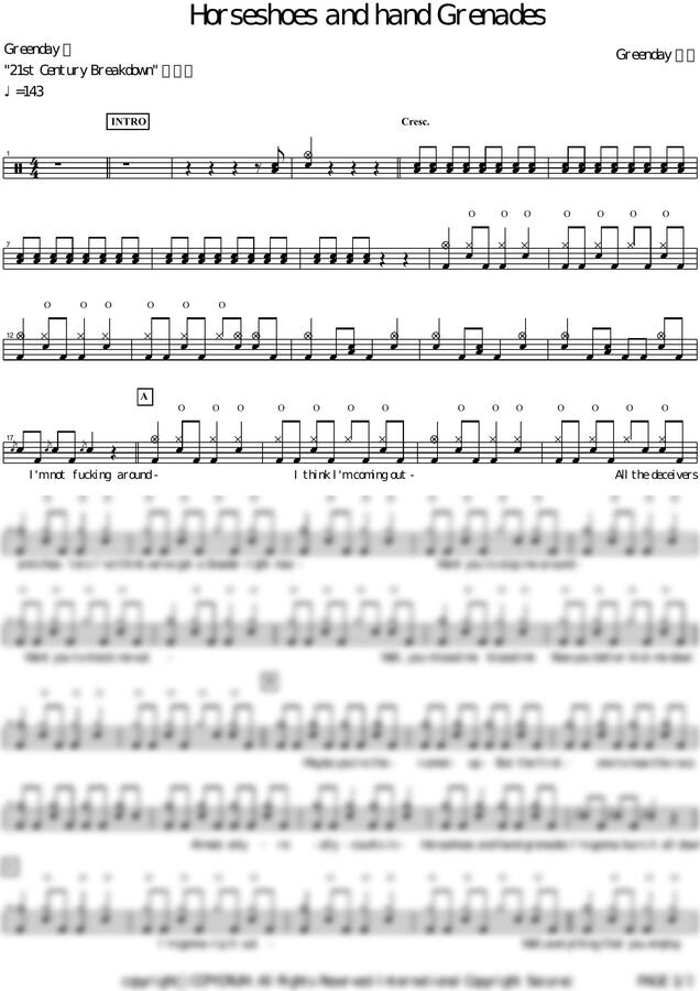악보 > greenday Horseshoes and hand grenades by 카피드럼