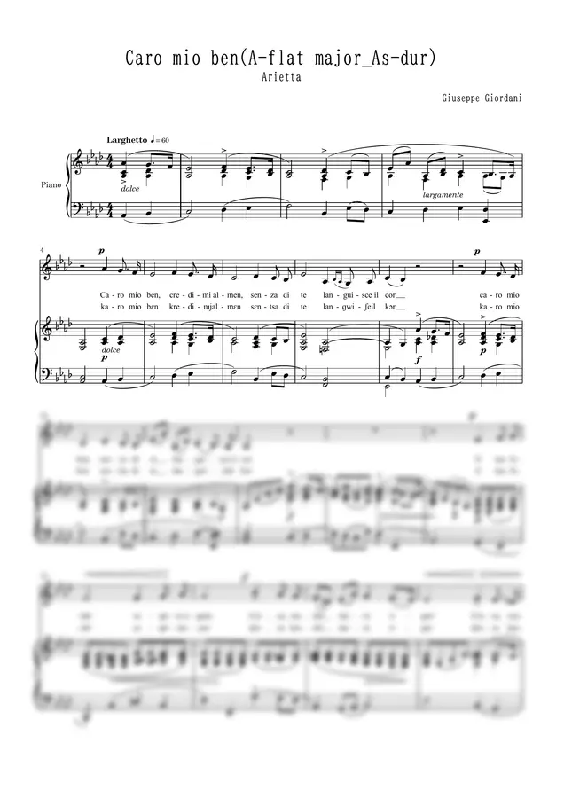 Giuseppe Giordani - Caro mio ben [with accompaniment MP3]   A-flat major_As-dur  My dear beloved 