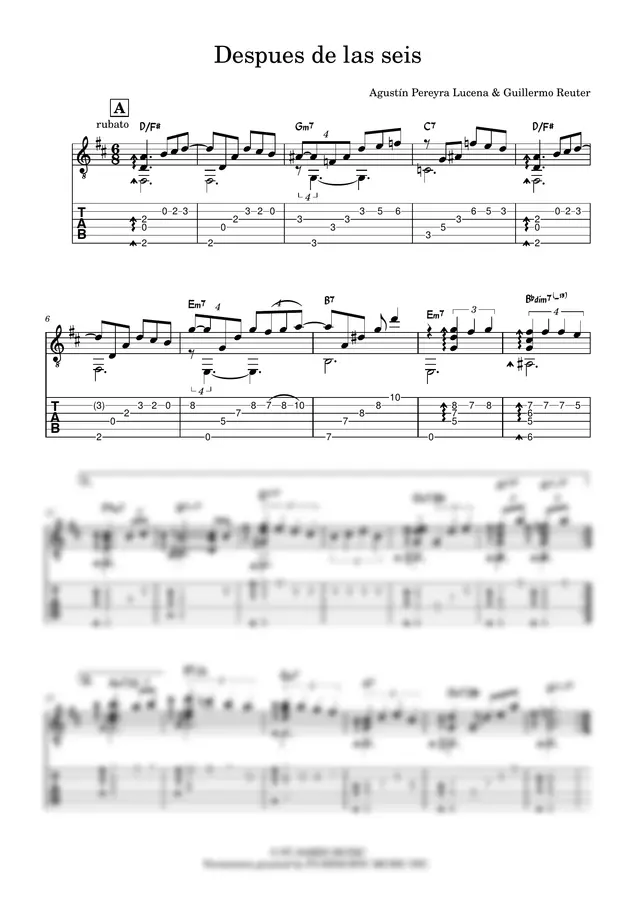 Agustín Pereyra Lucena & Guillermo Reuter - Despues de las seis (Solo Guitar Arrangement with TAB)