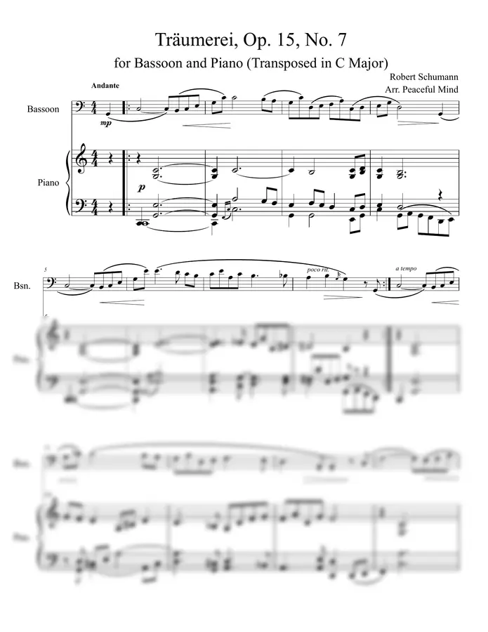 Robert Schumann / Arr. Peaceful Mind - Träumerei, Op. 15, No. 7 for Bassoon and Piano (Transposed in C Major) 