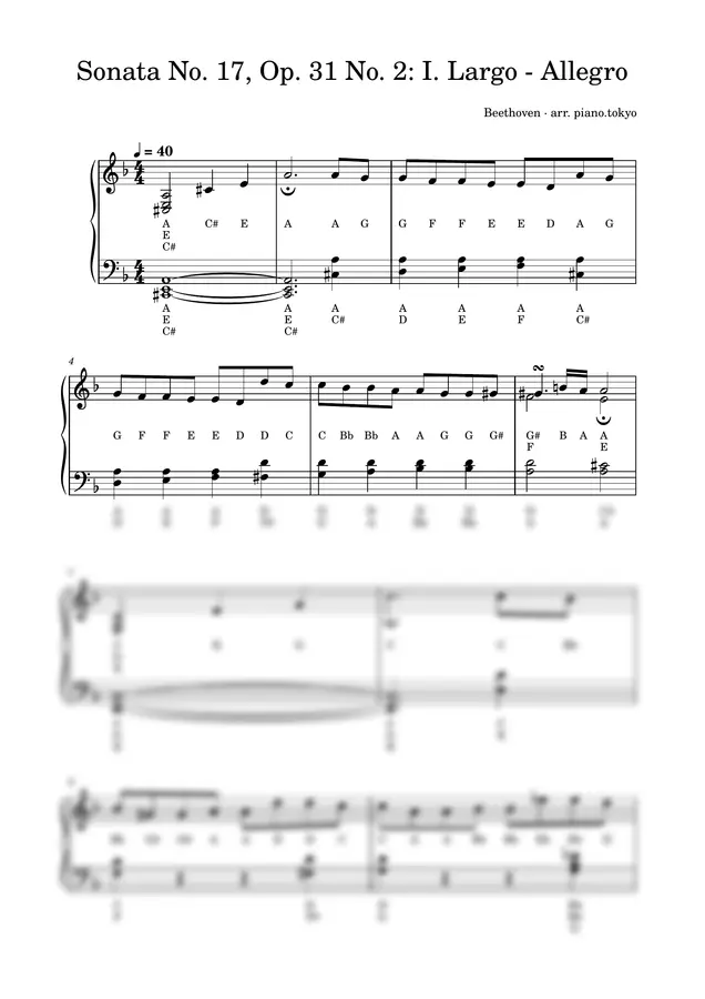 Beethoven - Sonata No. 17, Op. 31 No. 2: I. Largo - Allegro (Easy Piano with Letter Notes (C-D-E))