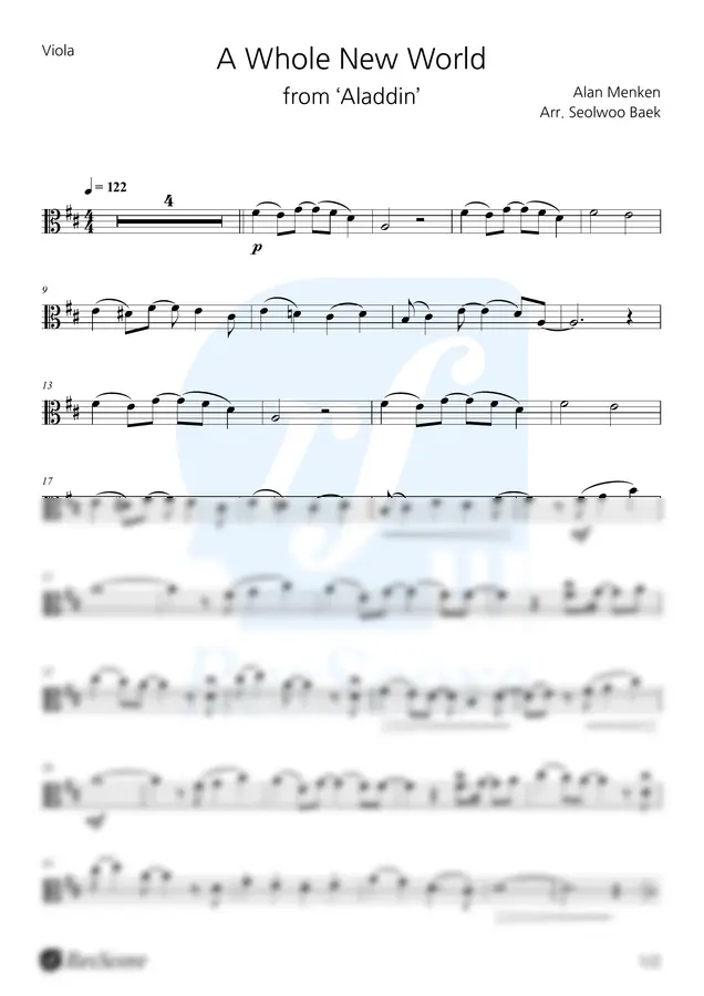 Alan Menken - A Whole New World [MR 포함] (알라딘 OST) (for Viola) by 레스코어 ResScore 1p 미리보기