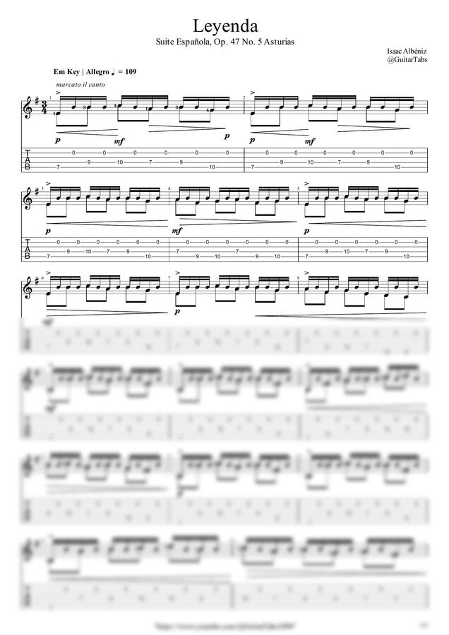 Isaac Albeniz - Leyenda(Op.47 No.5 Asturias) by GuitarTabs0
