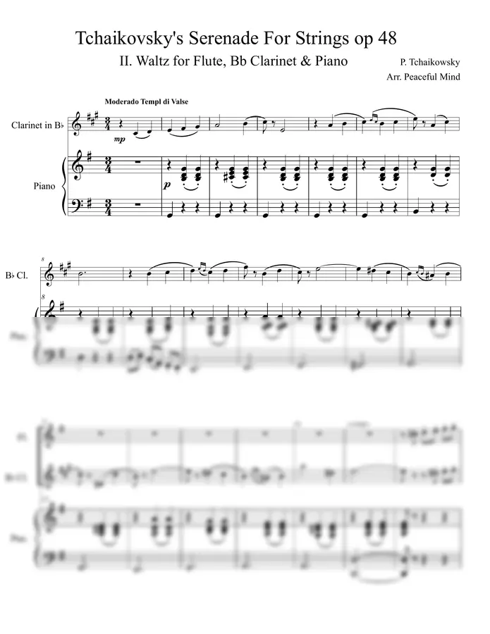 P. Tchaikowsky / Arr. Peaceful Mind - Tchaikovsky's Serenade for Strings, Op. 48: Waltz (Arr. for Flute, Bb Clarinet & Piano)